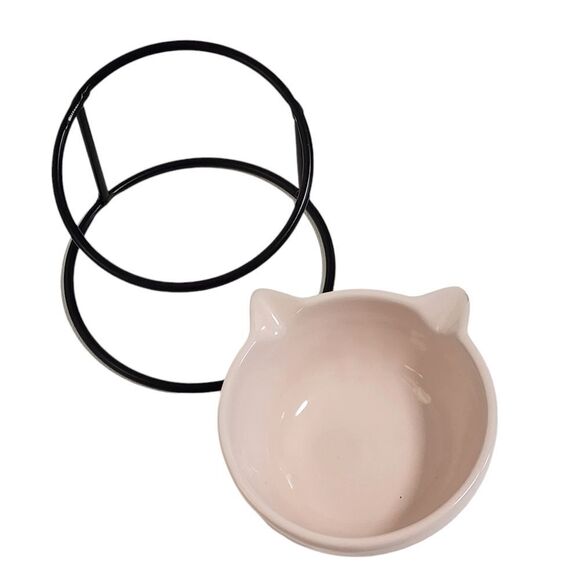 Whiskers & Co Pink Ceramic Cat Feeder Bowl With Tilted‎ And Elevated Metal Base - Picture 11 of 15